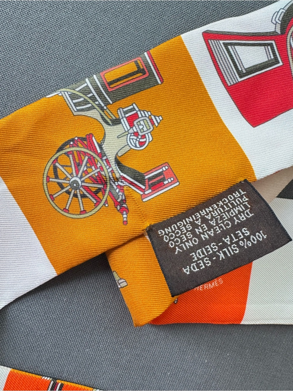 Hermès Orange, Cream and Beige Carriage Print Twilly Scarf - Picture 9 of 10